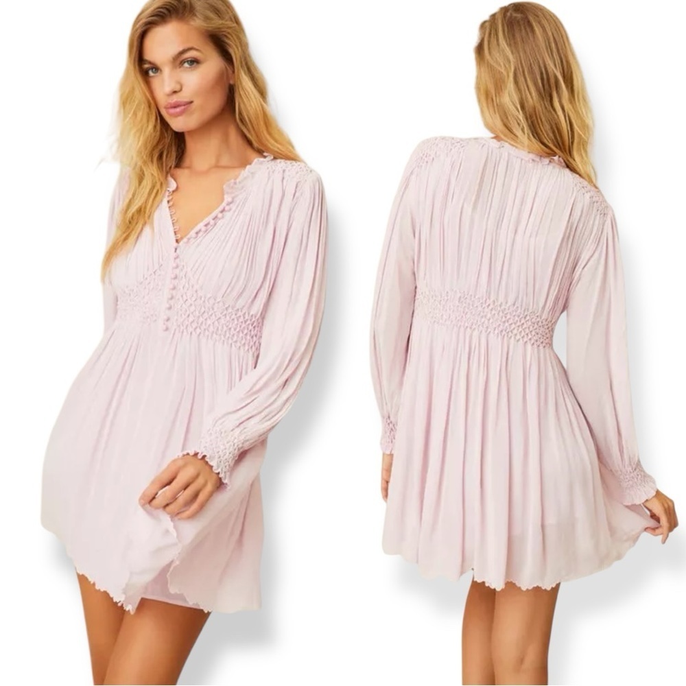 LOVESHACKFANCY Belinda Smocked A-Line Swing Long Sleeve Button-down Mini Dress - Picture 2 of 15